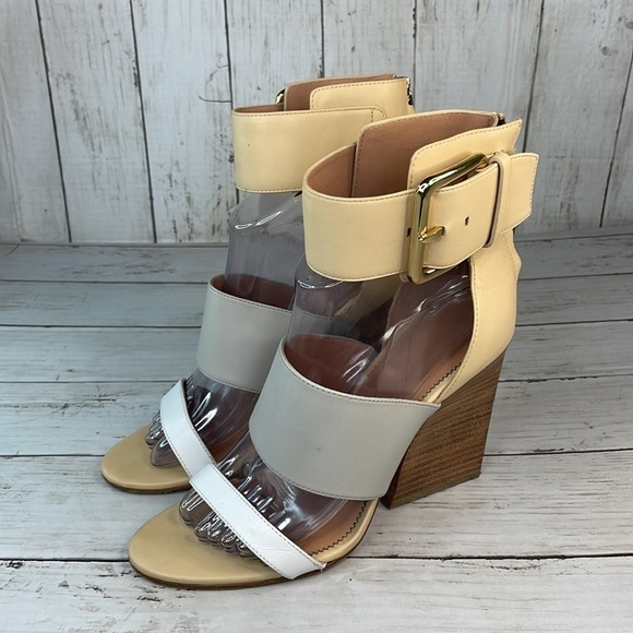 Sigerson Morrison Multi Neutral Colors Poker 2 Strap Heeled Sandals - Picture 2 of 14